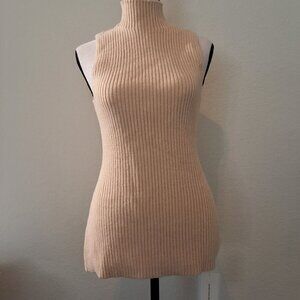 Commense Womens Cream Ribbed Sleeveless Turtleneck Sweater Sz L Minimalist